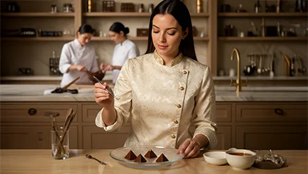 Natália em cozinha de luxo finalizando doces