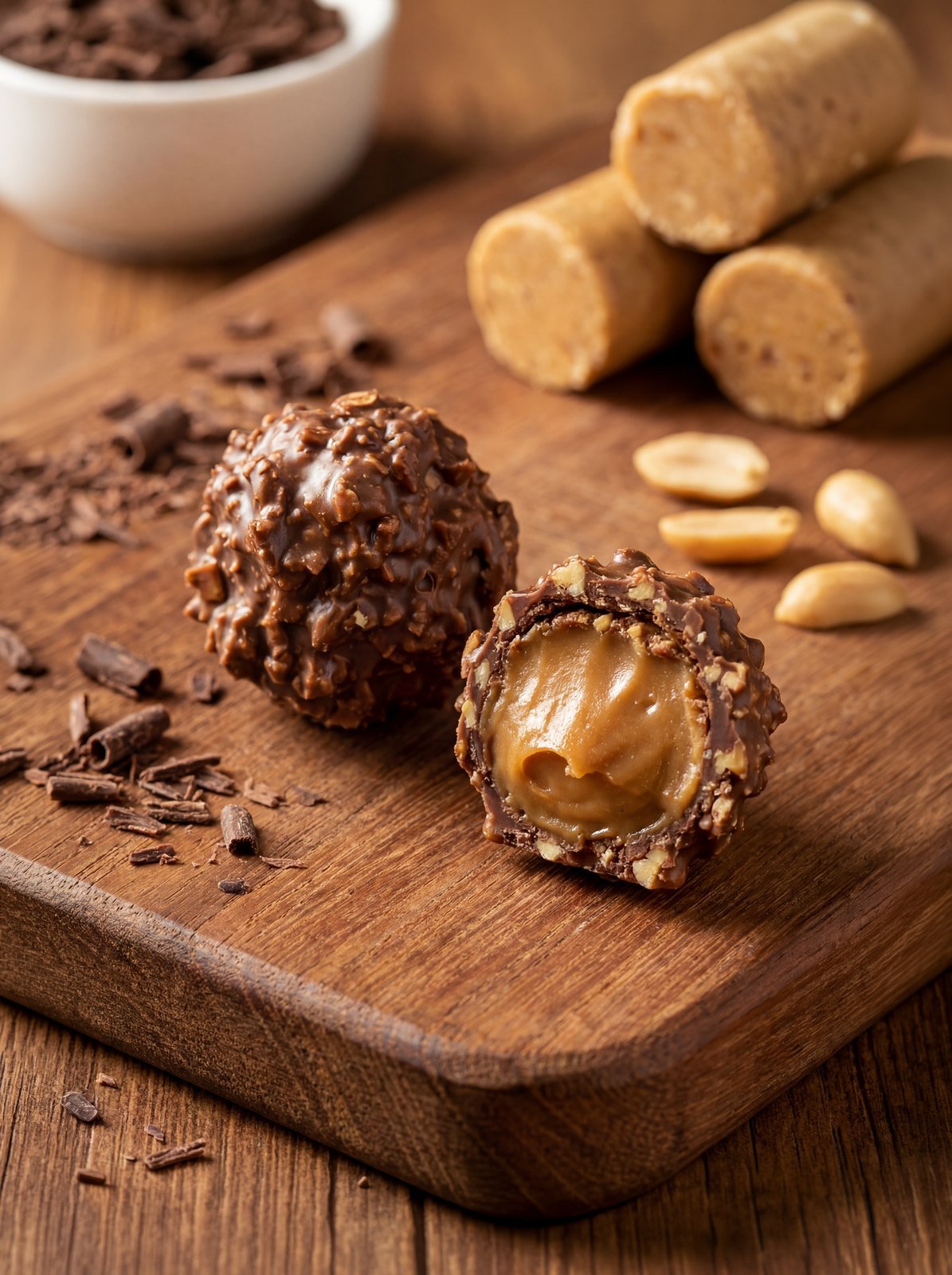 Crocante de paçoca da Formação: bombom cortado ao meio com o recheio de caramelo de paçoca escorrendo, sobre tábua de madeira sob luz quente