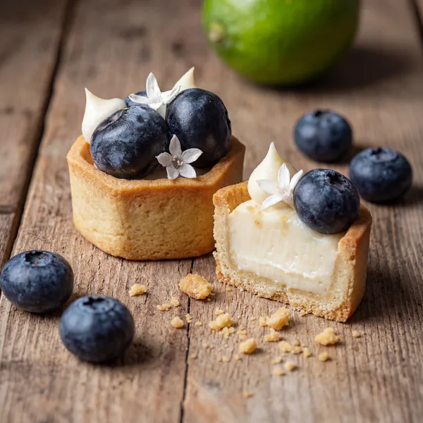 Tartelette de Limão e Mirtilo, creme cítrico com mirtilos frescos