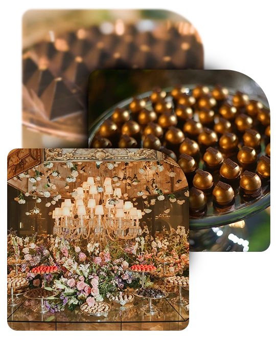Mesa de doces finos montada para evento, com bombons dourados em detalhe