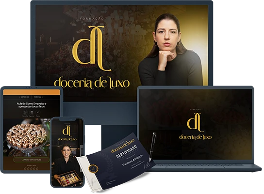 A Formação Doceria de Luxo no computador, tablet e celular, com certificado