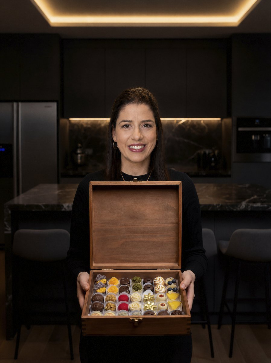 Natália Canezin segurando uma caixa de madeira com doces finos variados em cozinha de luxo