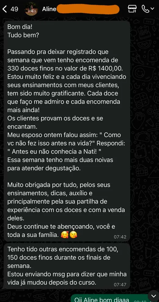 Print real da conversa de Aline com a Natália pelo WhatsApp