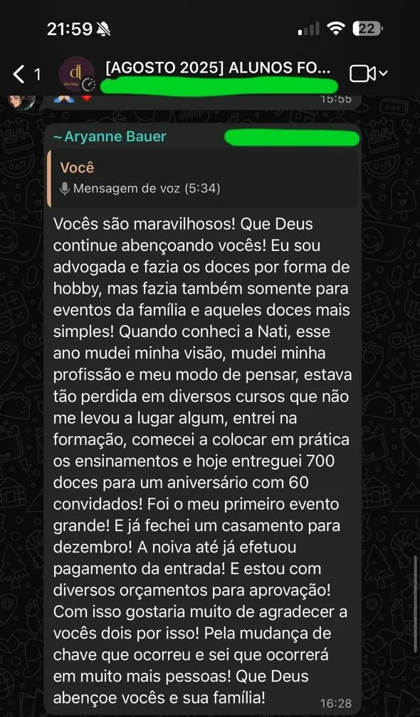 Print real da mensagem de Aryanne para a Natália pelo WhatsApp